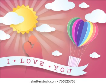 lovely young joyful couple hug on pink paper abstract background with balloons heart and city view design for valentine's day festival .Vector illustration.paper craft style.