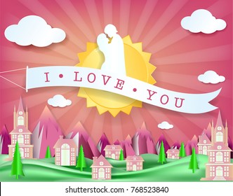 lovely young joyful couple hug on pink paper abstract background with balloons heart and city view design for valentine's day festival .Vector illustration.paper craft style.