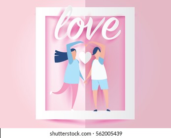 lovely young joyful couple on window abstract pink background with text love and mini heart. design for valentine's day festival .Vector illustration.paper craft style.