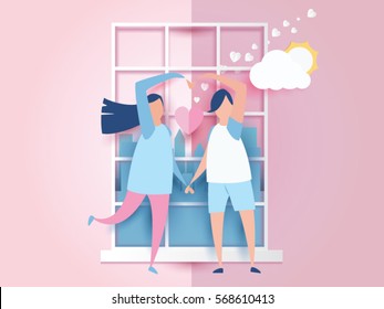 lovely young joyful couple on window abstract pink background with cloud,sun and mini heart. design for valentine's day festival .Vector illustration.paper craft style.