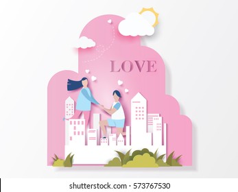 lovely young joyful couple on pink paper abstract background with text love and city view design for valentine's day festival .Vector illustration.paper craft style.