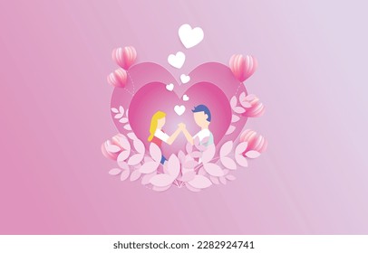  lovely young joyful couple propose on abstract pink background with flower,lantern design for valentine's day festival .Vector illustration.paper