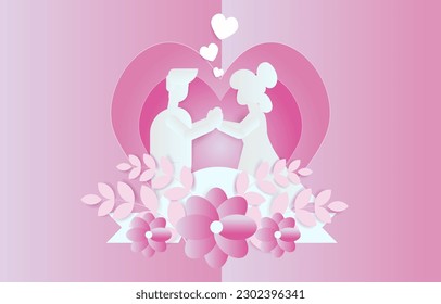 lovely young joyful couple propose on abstract pink background with flower,lantern design for valentine's day festival .Vector illustration.paper