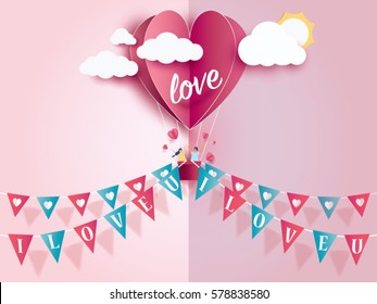 lovely young joyful couple in red balloons heart on abstract  background with text love and clouds,sun,mini heart. design for valentine's day festival .Vector illustration.paper craft style.