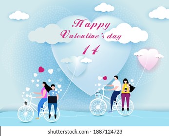 lovely  young joyful couple ride bicycle on abstract blue background. design for valentine's day festival. vector illustration. paper card style.