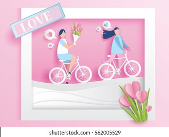 lovely young joyful couple ride bicycle in window abstract pink background with text love and mini heart,design for valentine's day festival .Vector illustration.paper craft style.