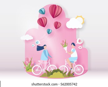 lovely young joyful couple ride bicycle on abstract pink background and balloons heart,design for valentine's day festival .Vector illustration.paper craft style.