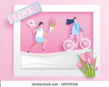 lovely young joyful couple ride bicycle and run in window abstract pink background with text love and mini heart design for valentine's day festival .Vector illustration.paper craft style.