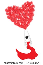 Lovely young lady in a red dress. A girl sits on a swing and flies on balloons in the shape of a heart. Vector illustration.