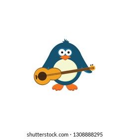 Lovely young penguin with musical instruments icon on white background
