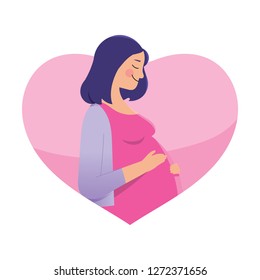 A lovely young pregnant woman holding her belly with love background, young mother love her baby inside, mother's love concept media