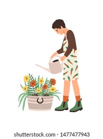 Lovely young smiling woman or gardener taking care of home garden, watering houseplants growing in planters. Portrait of adorable funny girl enjoying her hobby. Flat cartoon vector illustration.