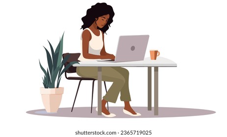 A lovely young woman is diligently using her computer, savoring the pleasant ambiance of her office adorned with lush potted plants.