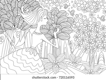 lovely young woman in fantasy forest for coloring book 