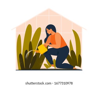 Lovely young woman or gardener taking care of home garden, watering houseplants growing in greenhouse.  Flat cartoon vector illustration.