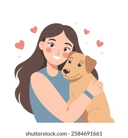 Lovely young woman hugging dog. Pet owner. Dog lover. Flat style illustration.