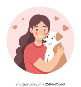 Lovely young woman hugging dog. Pet owner. Dog lover. Flat style illustration.