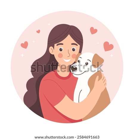Lovely young woman hugging dog. Pet owner. Dog lover. Flat style illustration.