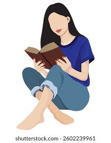 lovely young woman is sitting and reading a book vector design