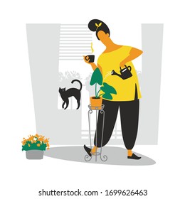 Lovely young woman taking care of home garden, watering houseplants growing in planters. Portrait of adorable funny girl enjoying her hobby. Flat cartoon vector illustration.