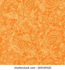 Lovely zentangle butterfly floral background in vector. Seamless pattern for textile, package, print, wrapping paper, web design. Bright lively yellow color hand drawn lines on orange background.