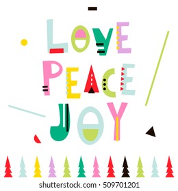 Love,peace,joy. Christmas Greeting Background. Holiday Winter Template, Card, Banner, Poster. Vector Illustration