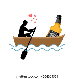 Lover alcohol drink. Man and bottle of whiskey boat ride. Lovers float. Romantic date. Alcoholic Lifestyle
