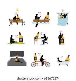 Lover alcohol drink set. Man and whiskey movie theater. Lovers bath. rendezvous boat. person sitting on bench. Joint walk. Cycling tandem. Breakfast cafe. Picnic park. bed. Alcoholic Lifestyle