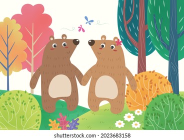 Lover bears holding hands walking in the jungle. Cute bears cartoon.