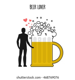 Lover beer. Infatuated with foamy drink. Man and mug. 