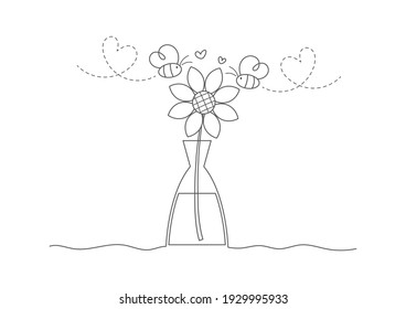 Lover bees and flower in vase line art vector illustration cartoon. Honey bees and flower.