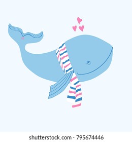 Lover blue whale vector cartoon wild animal with striped scarf, cute fish isolated on white background, Character design for greeting card, children invitation, creation of alphabet, valentines day