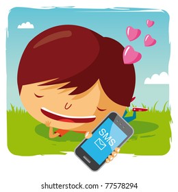 lover boy lying in the grass with his mobile phone - sms