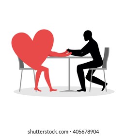 Lover in cafe. Man and heart sits at table. Love in restaurant. Lovers in  dining room. Romantic date in public place. Illustration for Valentines Day
