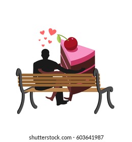 Lover of cakes. Man and piece of cake Sitting on bench. Lovers. Glutton of Lifestyle
