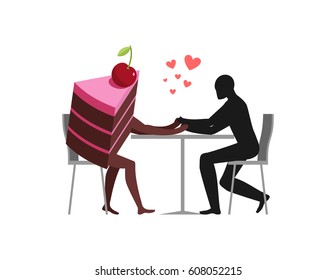 Lover of cakes. Man and piece of cake in cafe. Lovers sitting at table. Glutton of Lifestyle
