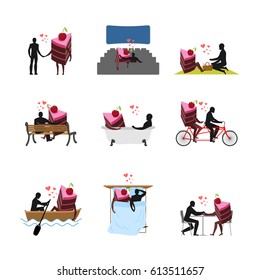 Lover of cakes set. Man and piece of cake movie theater. Lovers in bath. Romantic rendezvous. boat. person sitting on bench. Joint walk. tandem. Breakfast cafe. Picnic park. bed. Glutton Lifestyle