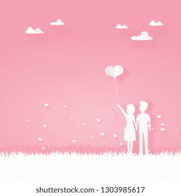 lover carry the balloon heart walking in the garden and looking to the clouds. valentine card, paper art in pink and white background.