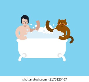 El gato encantador Bañándose en el baño. Amante pareja amigo y gato. Relación romántica.  