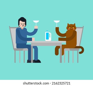 Lover cat in restaurant. Loving couple Boyfriend and cat. Romantic relationship. Pet Love illustration 1
