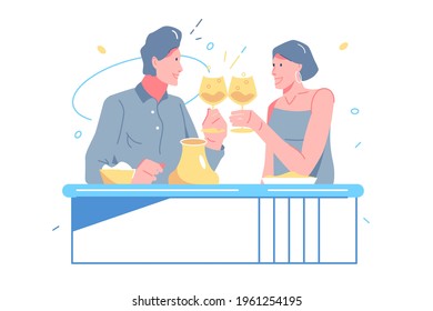 Lover Celebrate Date In Restaurant Vector Illustration. Man And Woman Raise Glass With Champagne Flat Style. Valentines Day, Anniversary, Date, Romantic Dinner Concept. Isolated On White Background