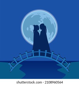 The lover of Chinese make an appointment at the bridge in full moon night same as Chinese valentine day novel or romantic legend called Qixi Festival same Tanabata  Festival drawing in vector