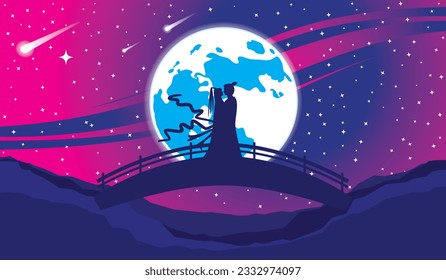 The lover of Chinese make an appointment at the bridge in full moon night on the 7th day of the 7th lunar month called Qixi Festival or Tanabata Festival in Japan drawing colorful cartoon vector