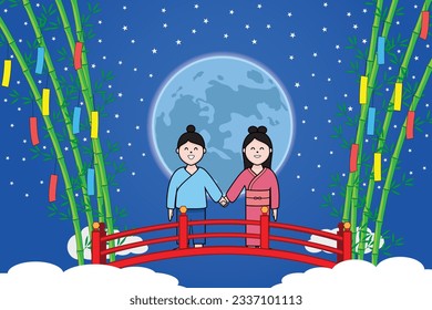 The lover of Chinese make an appointment at the bridge in full moon night same as Chinese valentine day novel or Chinese romantic legend called Qixi Festival or Tanabata in Japan drawing line art colo