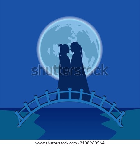 The lover of Chinese make an appointment at the bridge in full moon night same as Chinese valentine day novel or romantic legend called Qixi Festival same Tanabata  Festival drawing in vector