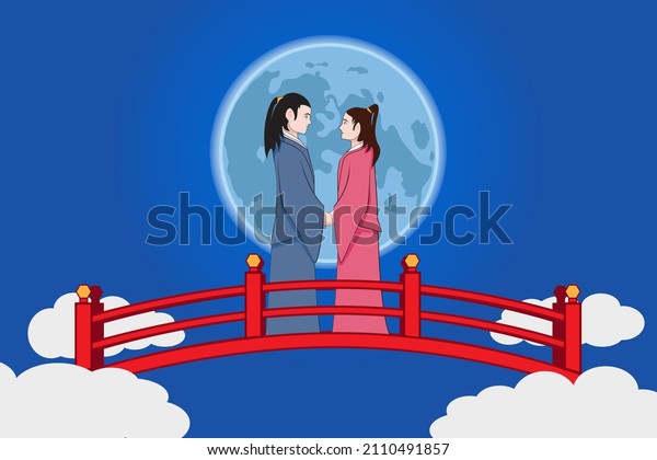 The lover of Chinese make an appointment at the\
bridge in full moon night same as Chinese valentine day novel or\
romantic legend called Qixi Festival same Tanabata in Japan drawing\
in cartoon vector
