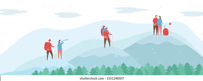 Lover is climbing the mountain. Couple of love design for winter season. Vector illustration in flat style.
