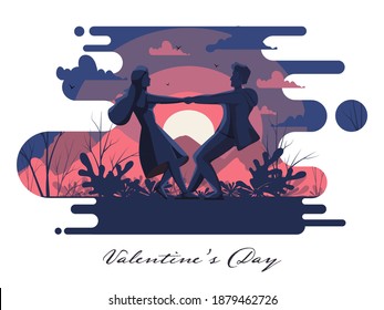 Lover Couple Dancing or Playing on Abstract Nature Landscape View in Evening Time for Valentine's Day.