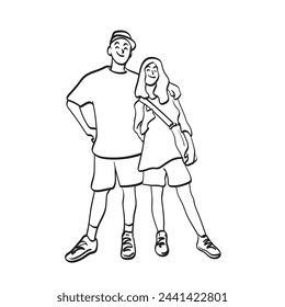 lover couple embracing with hand over shoulder illustration vector hand drawn isolated on white background