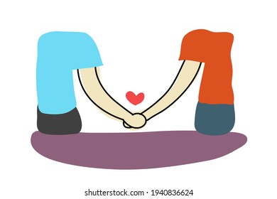 Lover couple hold each other hands on white background as isolation. Concept free hand drawing of vector illustration.